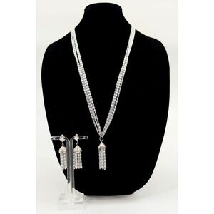 Sarah Coventry Tassel Necklace‎ Earrings Set Multi Strand Silver Tone Clip On